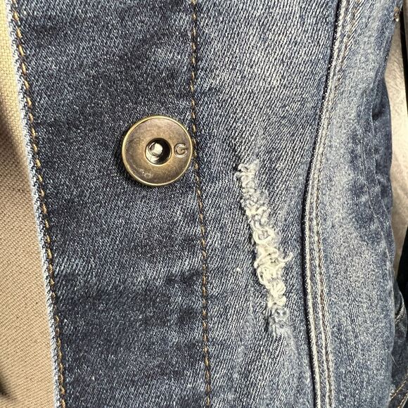 G By Guess Cropped Stretch Denim Jean Jacket Size S Holes Button Down Pockets - Picture 3 of 11